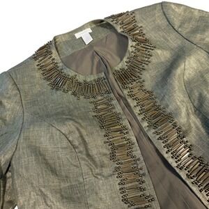 Chicos Size 1=M Metallic Bead Embellished Shiny Open Front Jacket Blazer Chic